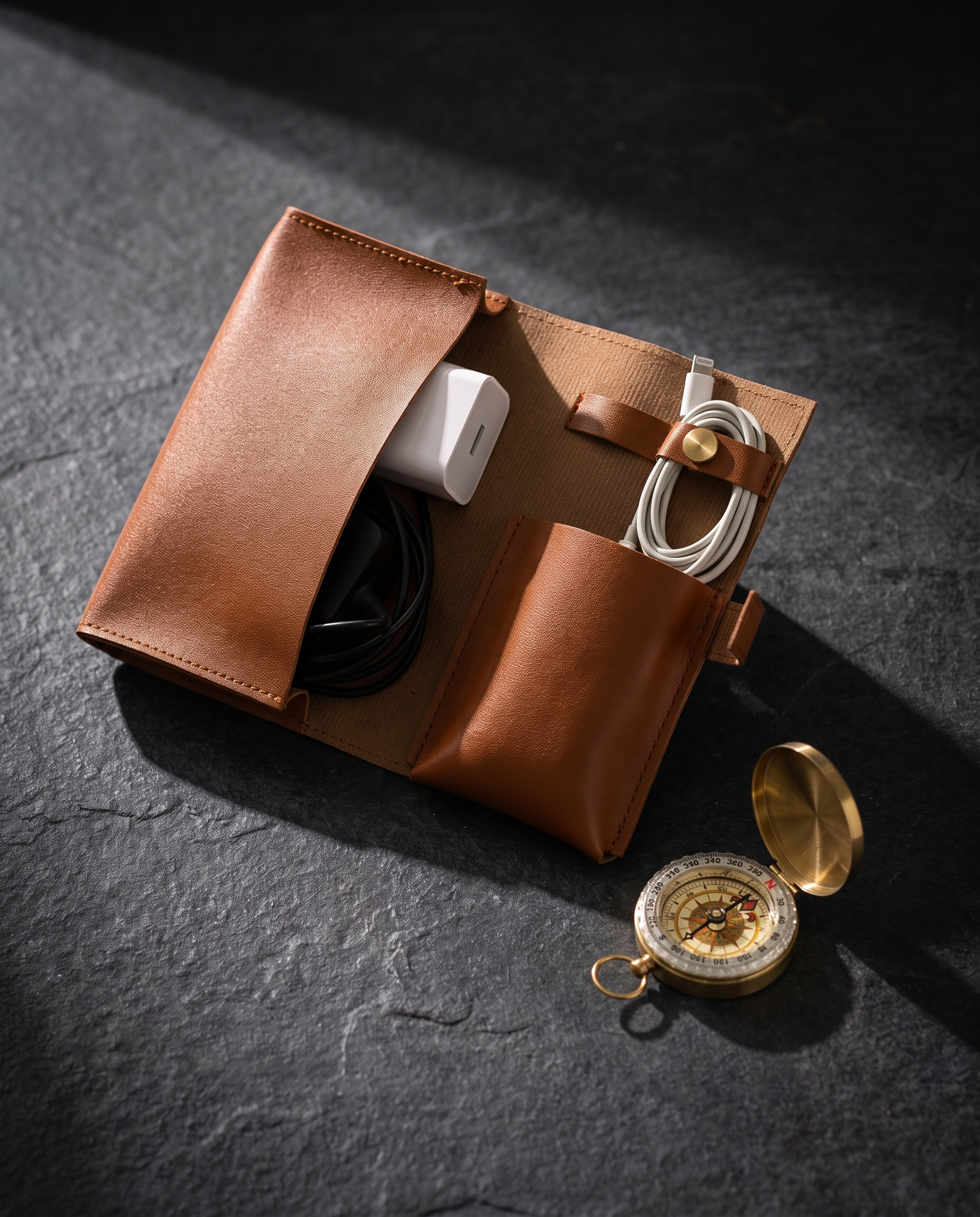 MONTRAVE Leather Cable Organizer Pouch — Roll-Up Tech Case