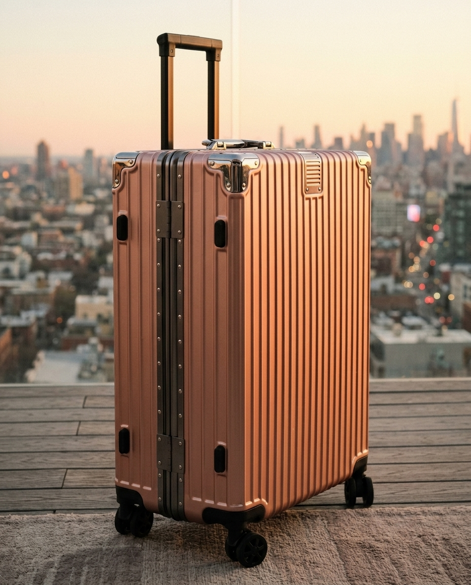 Rose Gold 30-inch hardshell suitcase on rooftop terrace at sunset