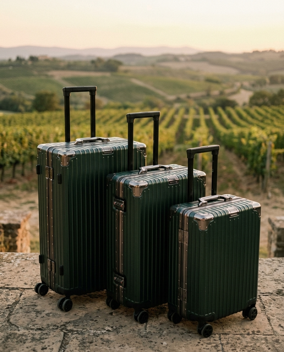 Dark Green suitcase size family: 30-inch, 26-inch, and 20-inch lineup