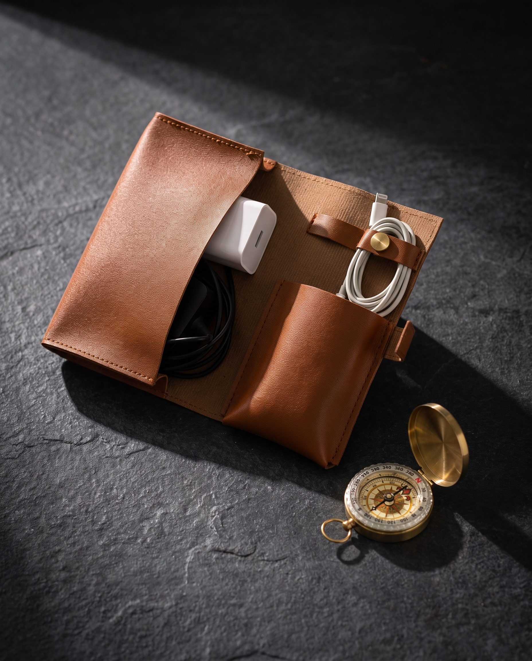 Montrave Leather Cable Organizer Pouch propped on stone still life alt