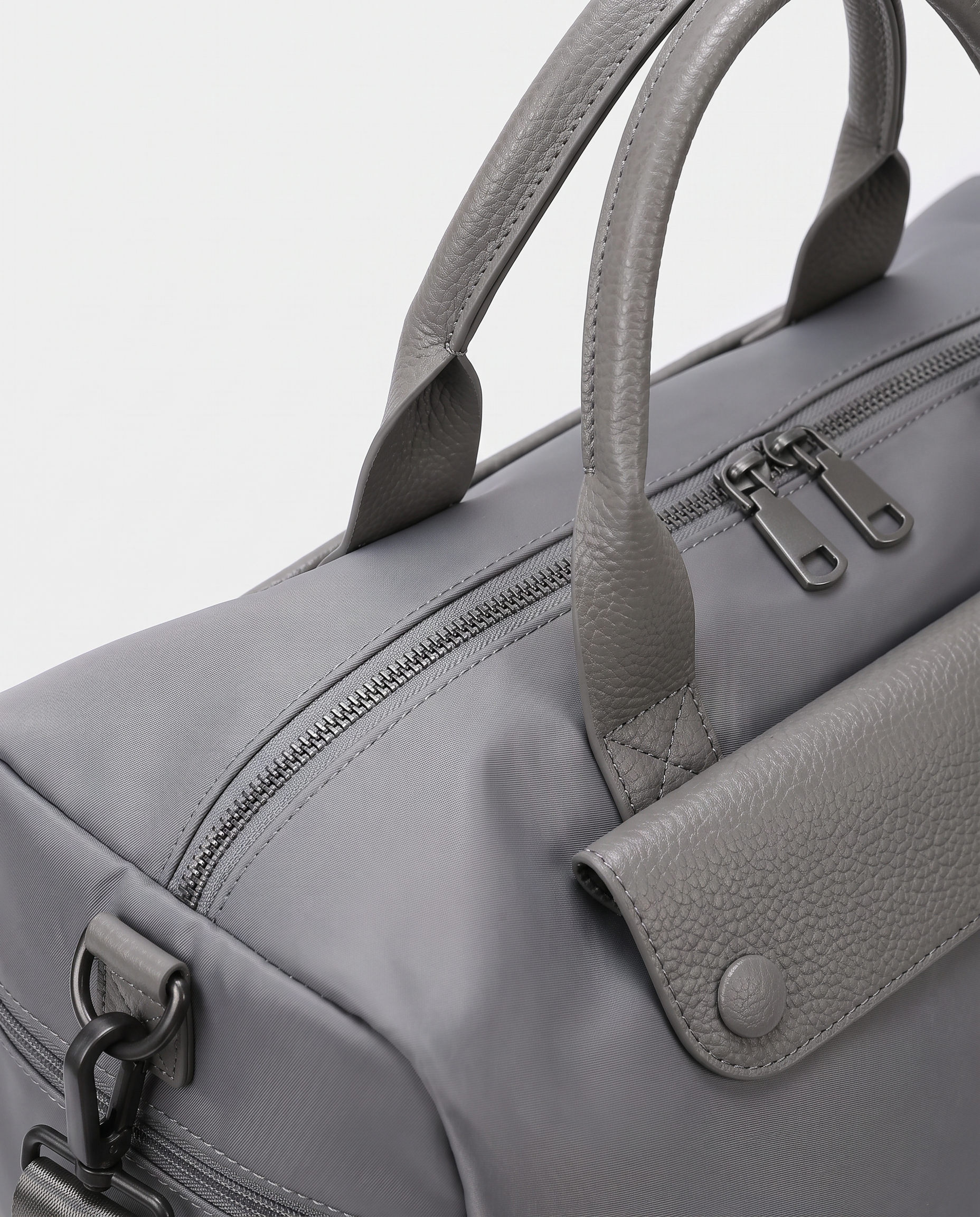 Montrave Sport Duffel gray hardware detail studio shot
